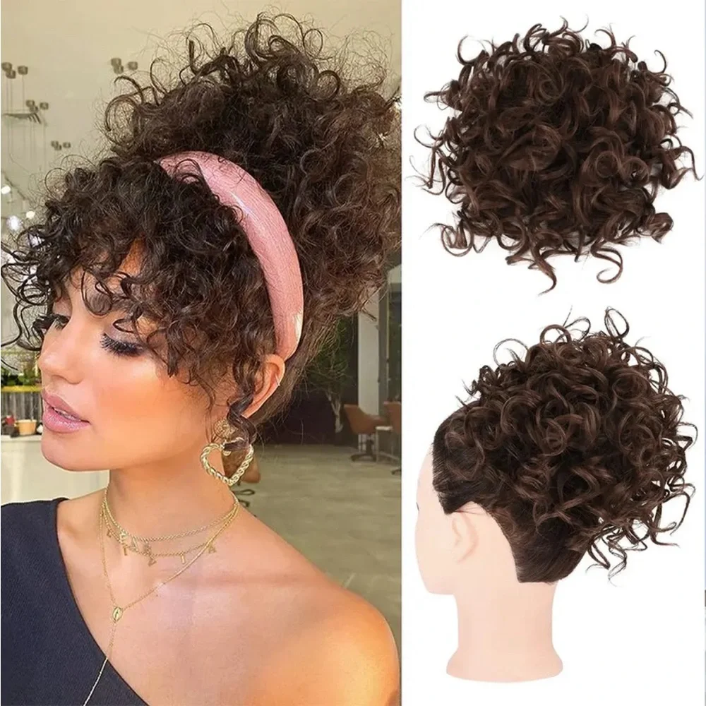 RICH CHOCOLATE WALNUT BROWN CURLY UPDO MESSY BUN HAIR DO WIG PIECE ACCESSORY - Picture 3 of 7